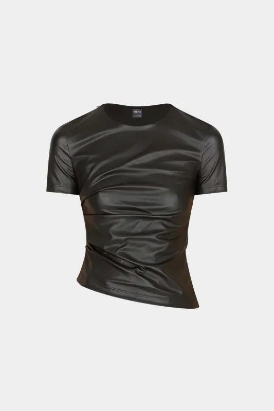 Faux Leather Round Neck Ruched Short-Sleeve Top sold by Micas