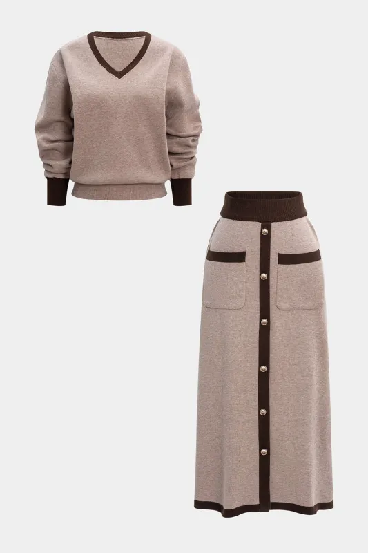 Knit Contrast V-Neck Long-Sleeve Top And Button Skirt Set sold by Micas