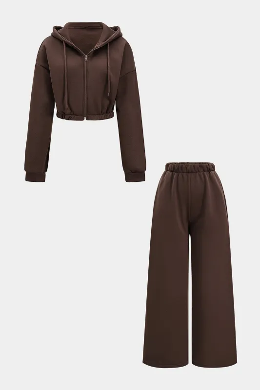 Drawstring Zipper Hooded Long-Sleeve Top And Wide Leg Trousers Set sold by Micas