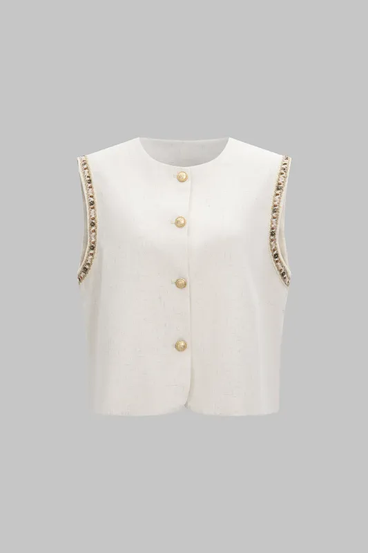 Round Neck Chain Trimmed Button Vest sold by Micas