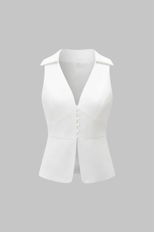 Solid Lapel Button V-Neck Tank Top sold by Micas