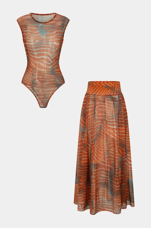 Abstract Print Mesh Sleeveless Bodysuit And Ruched Skirt Set sold by Micas