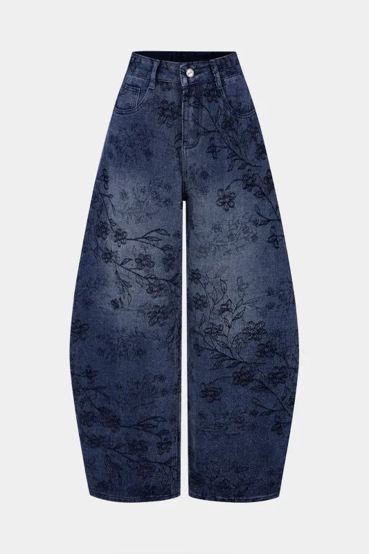 Denim Floral Print Zipper Barrel Jeans sold by Micas