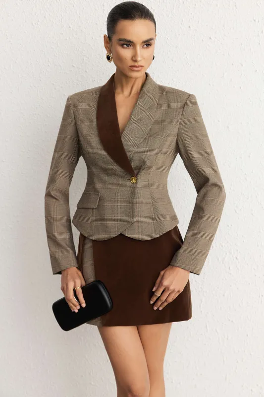 Contrast Plaid Print Suede Patchwork Asymmetrical Blazer sold by Micas