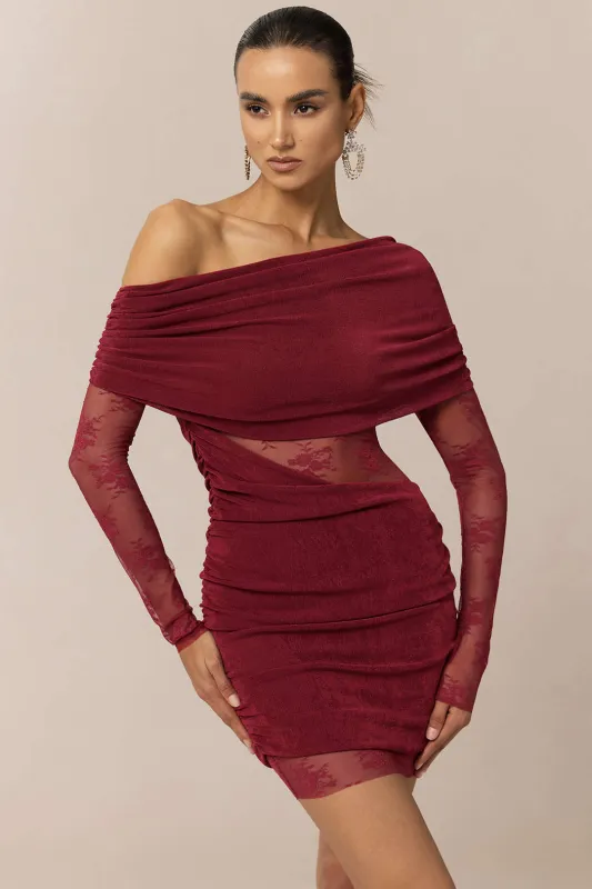 Lace Patchwork Asymmetrical Ruched Long Sleeve Mini Dress sold by Micas