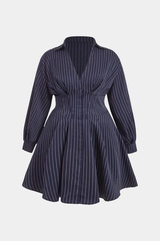 Plus Size Stripes Print V-Neck Ruched Long Sleeve Mini Dress sold by Micas