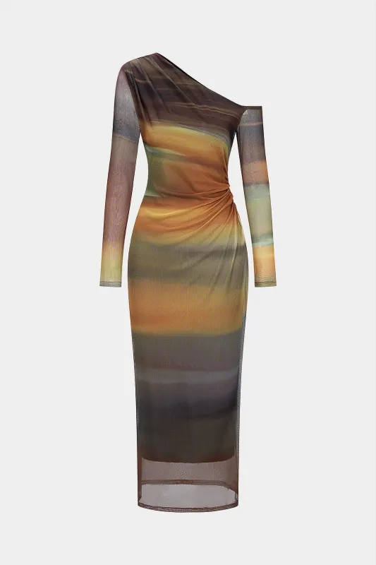 Tie Dye Print Mesh One Shoulder Ruched Long Sleeve Maxi Dress sold by Micas