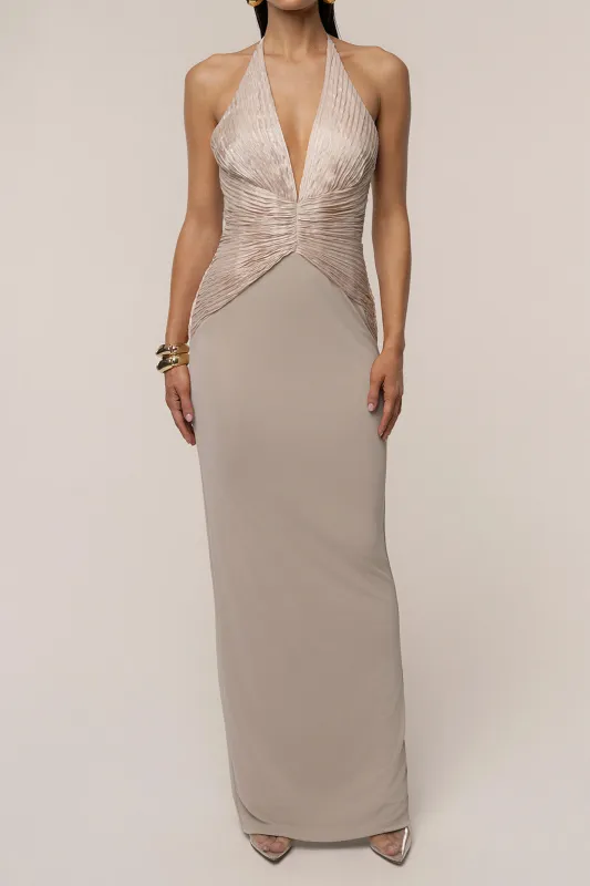 Halter Neck Backless Ruched Sleeveless Maxi Dress sold by Micas