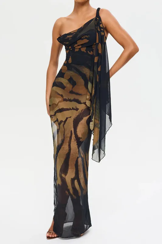 Watercolor Ombre Contrast Print Chiffon High Slit Sleeveless Maxi Dress sold by Micas