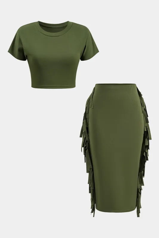 Solid Round Neck T-Shirt And Fringe Body-Con Skirt Set sold by Micas