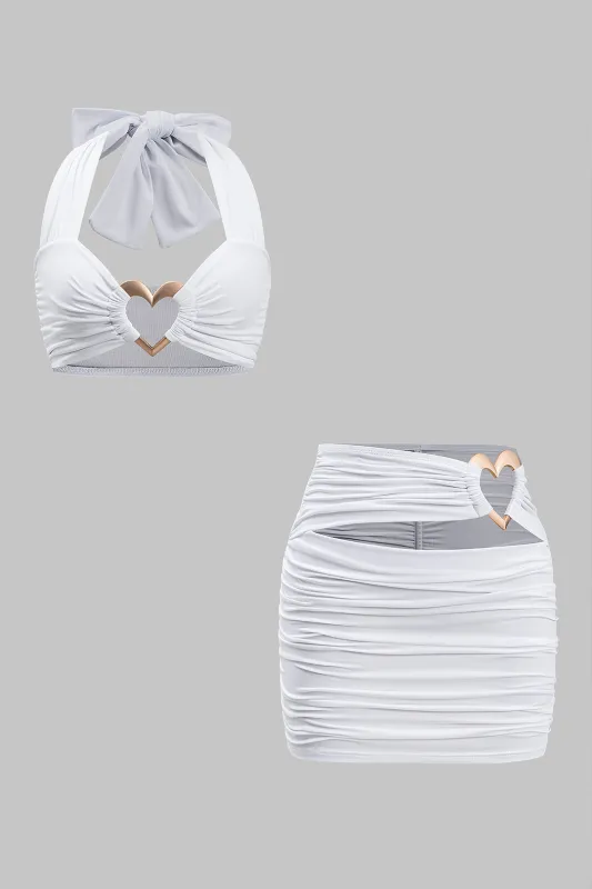 Metallic Decor Ruched Halter Neck Tank Top And Cut Out Skirt Set sold by Micas