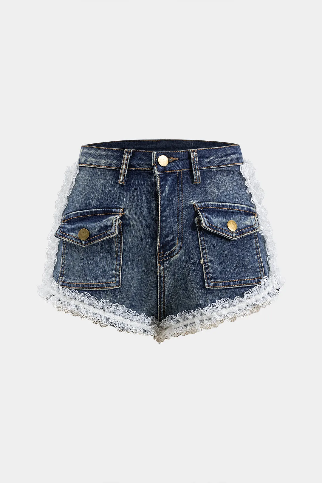 Denim Lace Patchwork Pocket Shorts sold by Micas