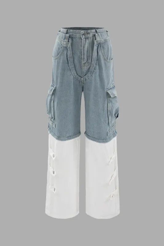 Denim Patchwork Zipper Button Straight Leg Jeans sold by Micas