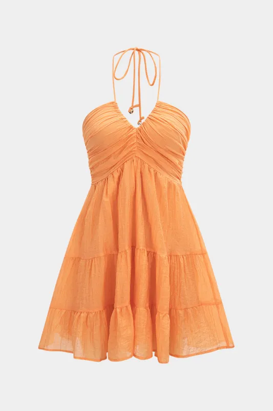 Chiffon V-Neck Tie-Up Ruched Sleeveless Mini Dress made by Micas