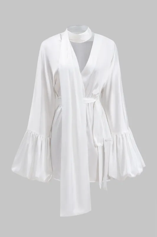 Satin Tie-Up Bell Sleeve V-Neck Mini Dress made by Micas