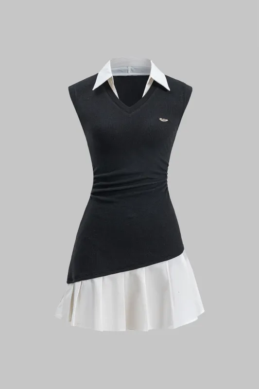 Contrast Pleated V-Neck Sleeveless Mini Dress sold by Micas