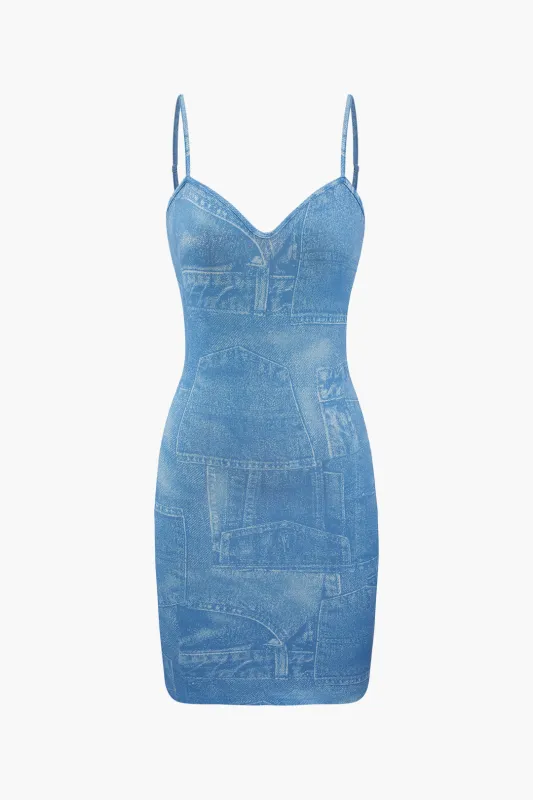 Denim Print V-Neck Sleeveless Slip Mini Dress sold by Micas