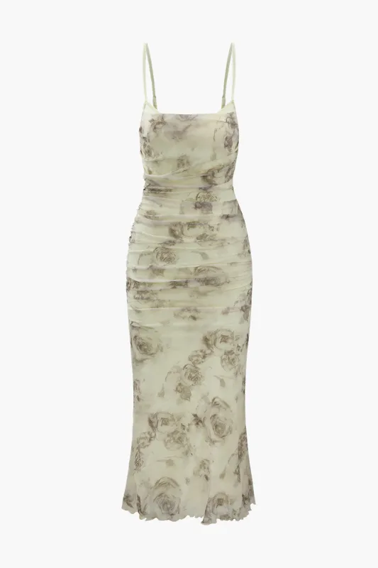 Floral Print Mesh Backless Ruched Slit Midi Dress sold by Micas