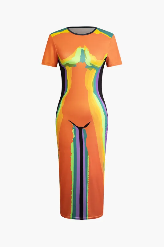 Abstract Print Contrast Round Neck Short Sleeve Midi Dress sold by Micas