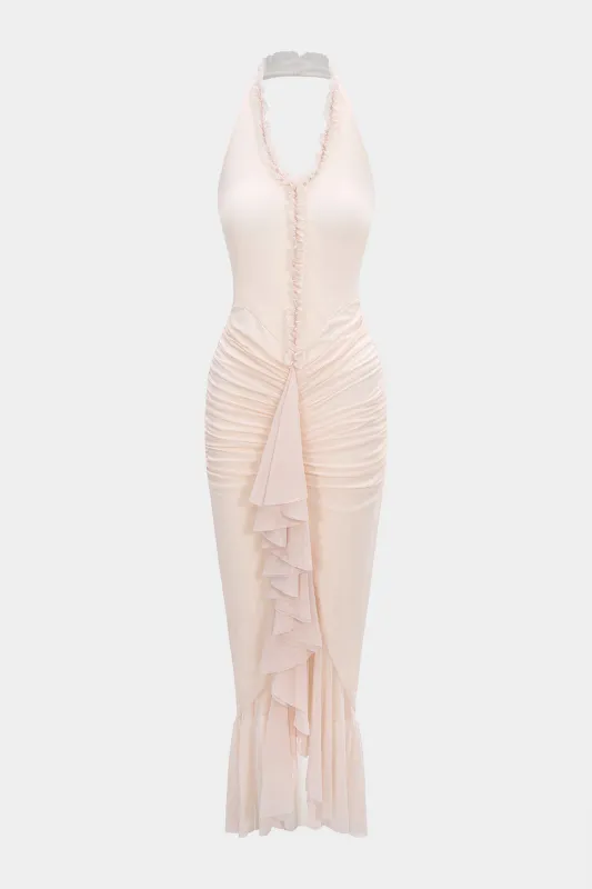 Mesh Halter Neck Ruched Ruffle Sleeveless Maxi Dress sold by Micas