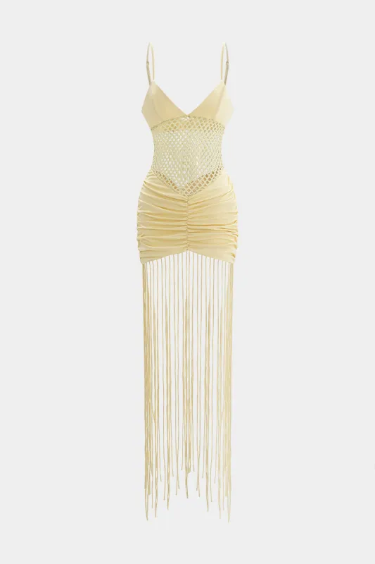 Solid Cut Out Ruched Fringe Cami Maxi Dress sold by Micas