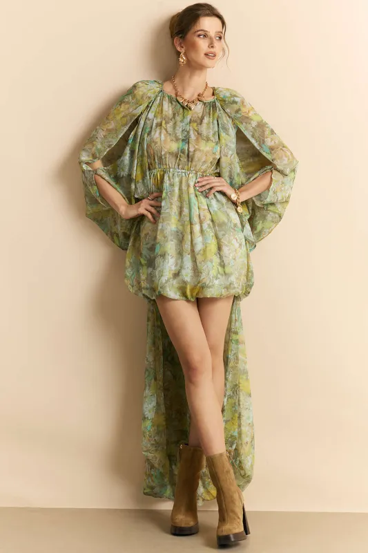 Chiffon Floral Print Round Neck Long Sleeve Midi Dress sold by Micas