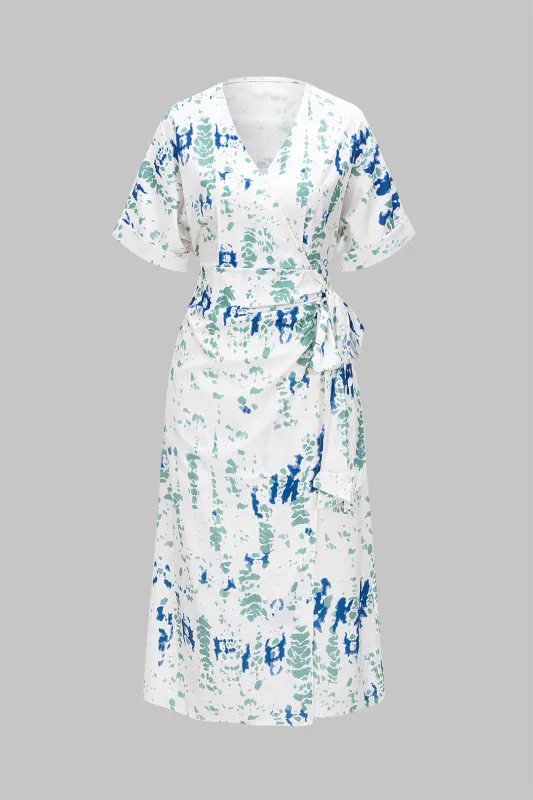 Splatter Print V-Neck Tie-Up Short Sleeve Midi Dress sold by Micas