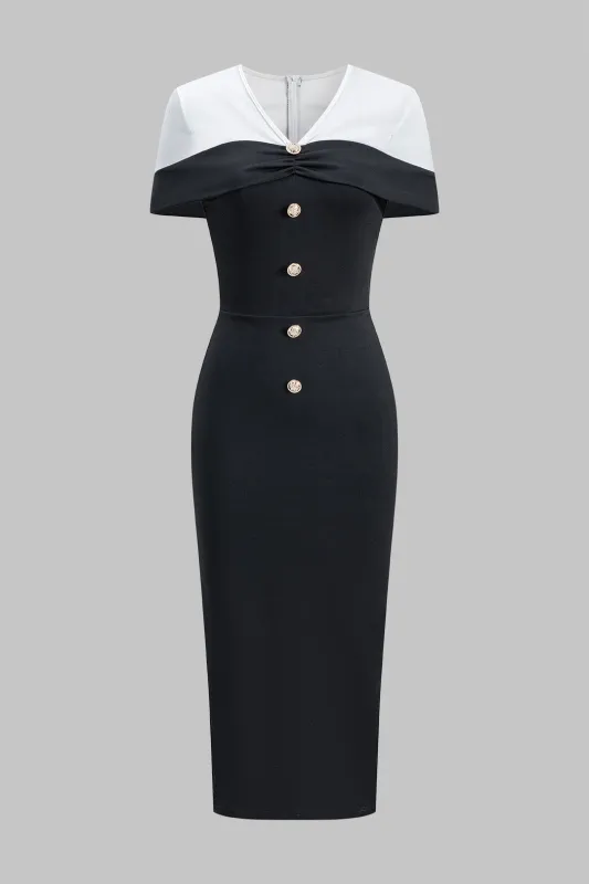 Contrast Button V-Neck Short Sleeve Maxi Dress sold by Micas