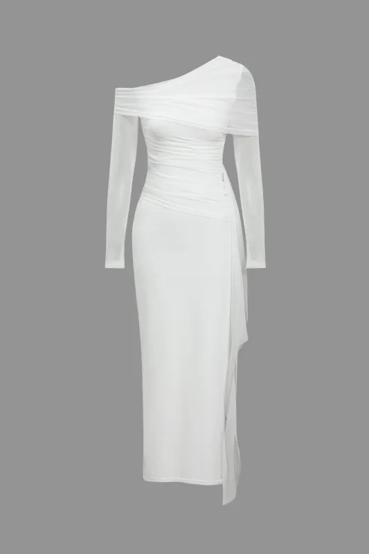 Mesh Single Shoulder Ruched Long Sleeve Maxi Dress sold by Micas