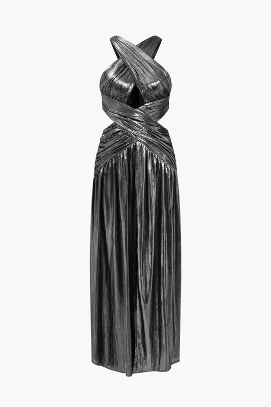 Ruched Crossed Cut Out Sleeveless Maxi Dress sold by Micas