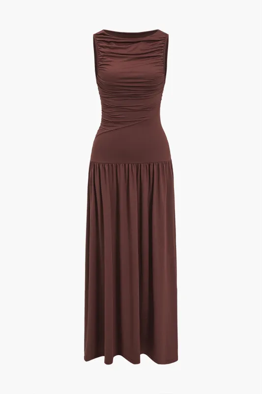 Solid Ruched Asymmetrical Sleeveless Maxi Dress sold by Micas