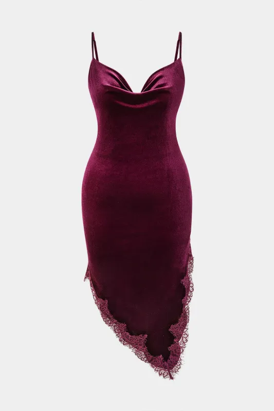 Plus Size Velvet Patchwork Lace Edge Draped Cowl Neck Sleeveless Midi Dress sold by Micas