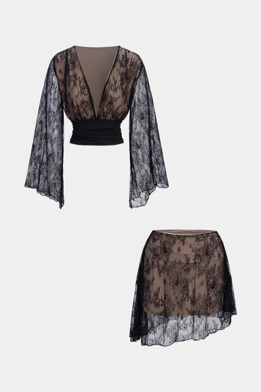 Lace Patchwork V-Neck Long-Sleeve Top And Mini Skirt Set sold by Micas