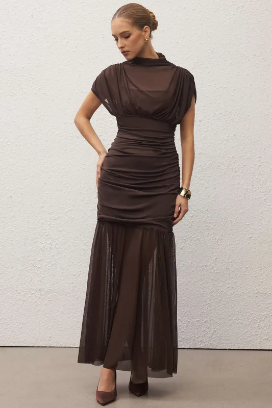 Mesh Patchwork Mock Neck Short-Sleeve Maxi Dress sold by Micas