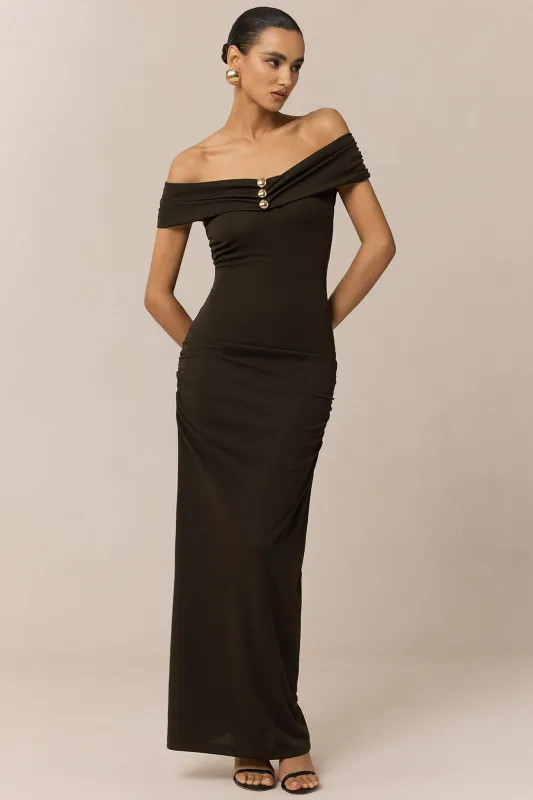 Off Shoulder Metallic Button Maxi Dress sold by Micas