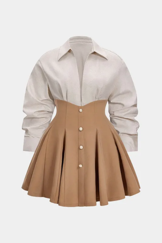 Plus Size V-Neck Patchwork Pleated Button Long Sleeve Mini Dress sold by Micas