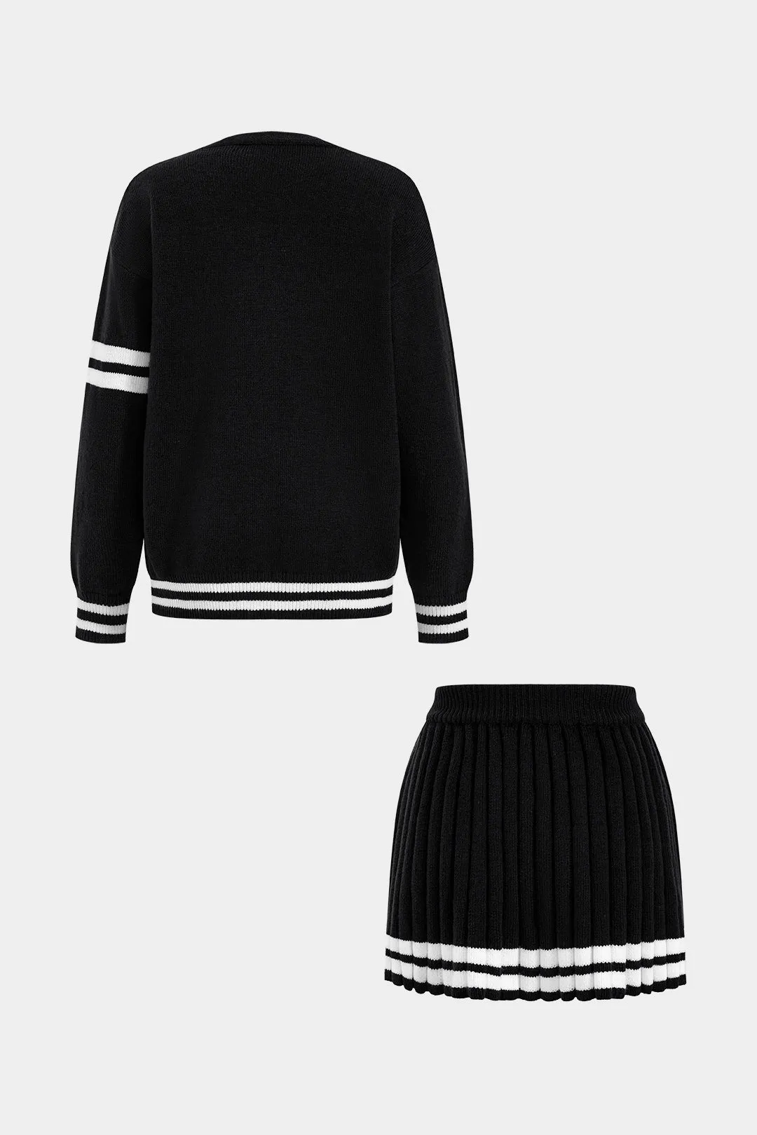 Knit Contrast Binding Letter Print Button Cardigan And Pleated Mini Skirt Set sold by Micas product image thumbnail 2