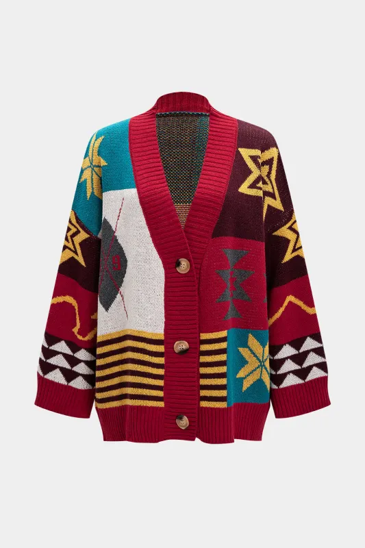 Knit Color-Block Geometric Print V-Neck Cardigan made by Micas