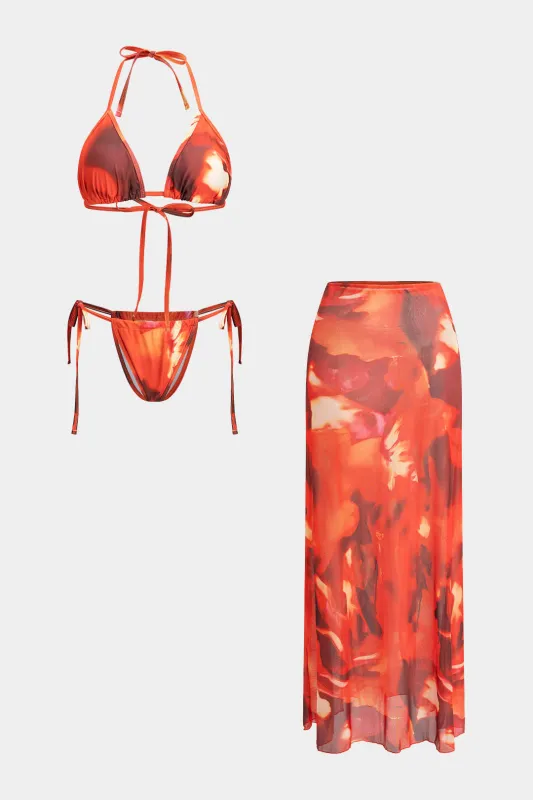 3PC Tie Dye Print Mesh Strappy Bikini Skirt Set sold by Micas