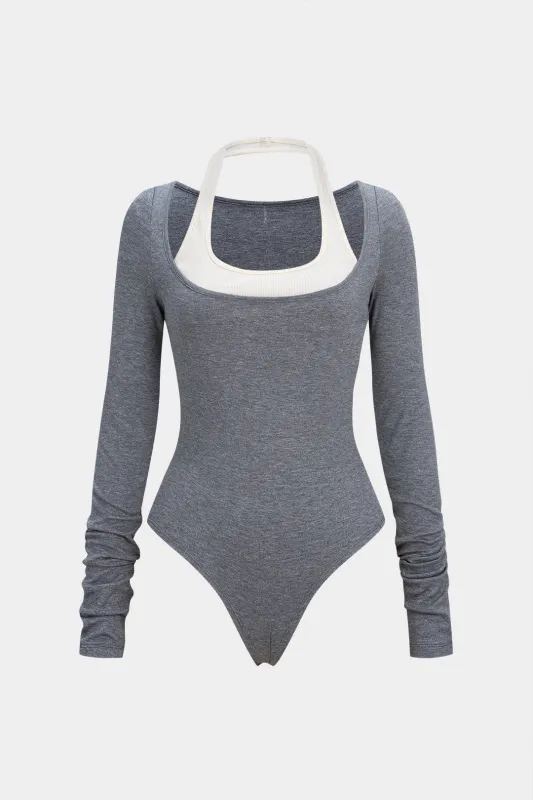 Halter Neck Patchwork Long Sleeve Bodysuit sold by Micas