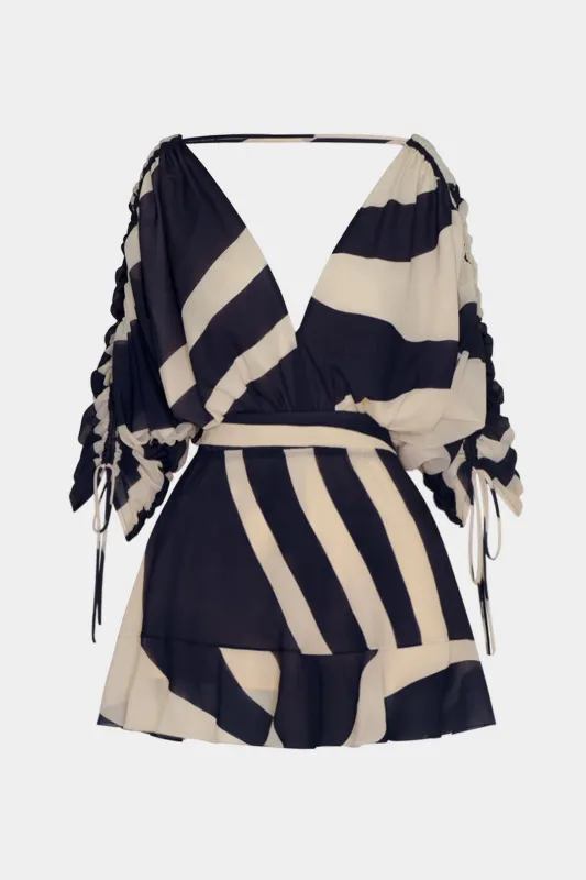 Plus Size Contrast Geometric Print Drawstring Short Sleeve Mini Dress sold by Micas