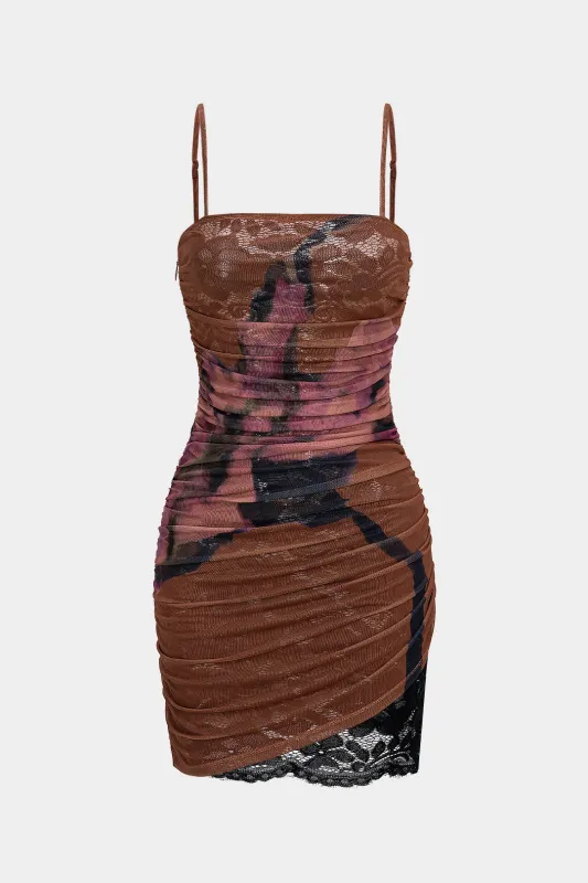 Floral Print Mesh Ruched Sleeveless Mini Dress sold by Micas