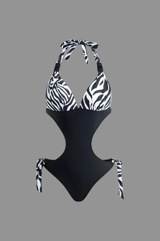 Zebra Print Tie-Up Hollow Out V-Neck One-Piece Swimsuit sold by Micas
