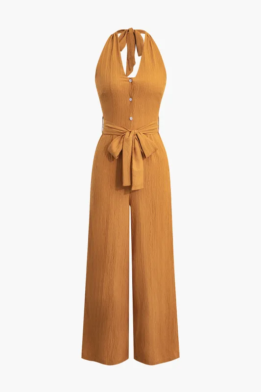 Halter Neck Tie-Up Backless Button Sleeveless Jumpsuit made by Micas