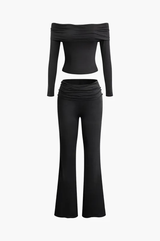 Off Shoulder Ruched Long-Sleeve Top And Flared Pants Set sold by Micas