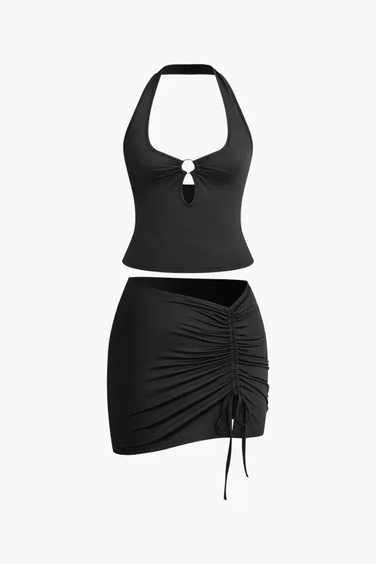 Halter Neck Metallic Decor Backless Cami Top And Drawstring Mini Skirt Set sold by Micas