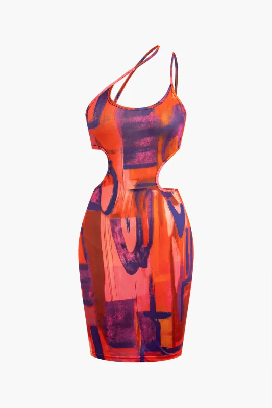 Geometric Contrast Print One Shoulder Asymmetrical Cut Out Sleeveless Mini Dress sold by Micas