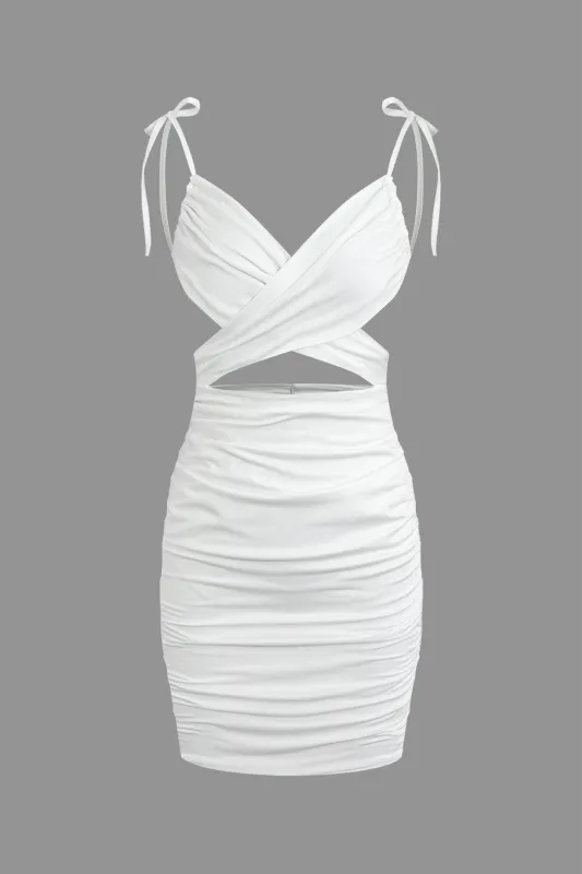 Cut Out Crossed Ruched Tie-Up Sleeveless Mini Dress made by Micas