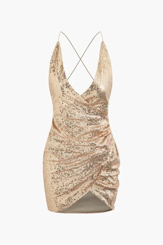 Sequin Asymmetrical V-Neck Backless Slip Sleeveless Mini Dress sold by Micas