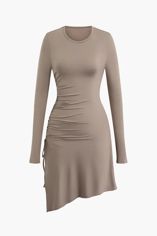 Round Neck Asymmetrical Drawstring Long Sleeve Mini Dress sold by Micas